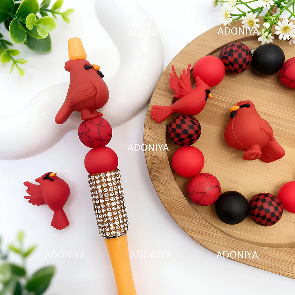 33/34Pcs Red Bird Series Silicone Beads Set DIY Beaded Necklace Bracelet Decoration Pen Jewelry Pendant Etc. Holiday Birthday Gift