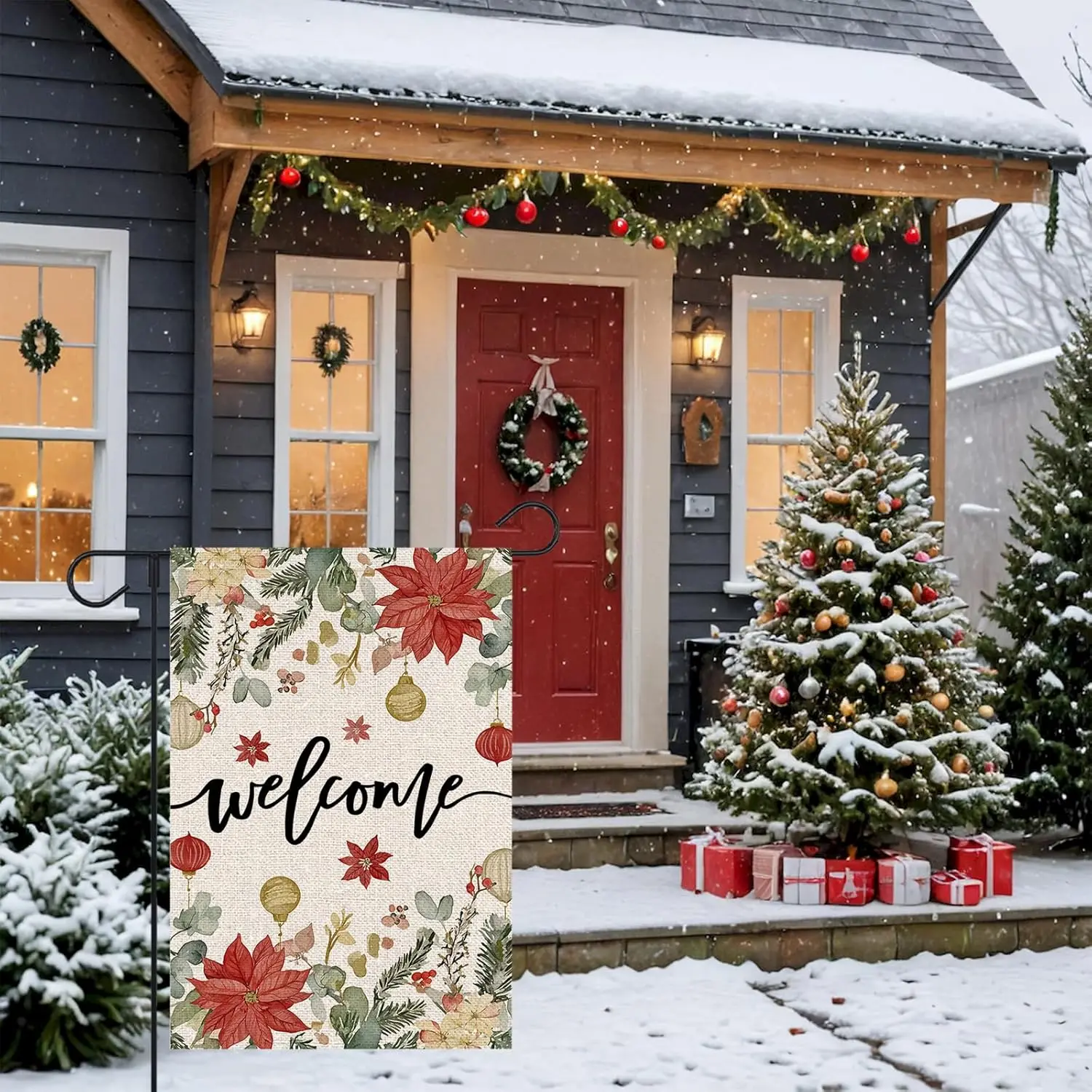 Floral Christmas Garden Flag 12x18 Inch Double Sided Poinsettia Holly Berries Christmas Balls Welcome Winter Holiday Outside hhz