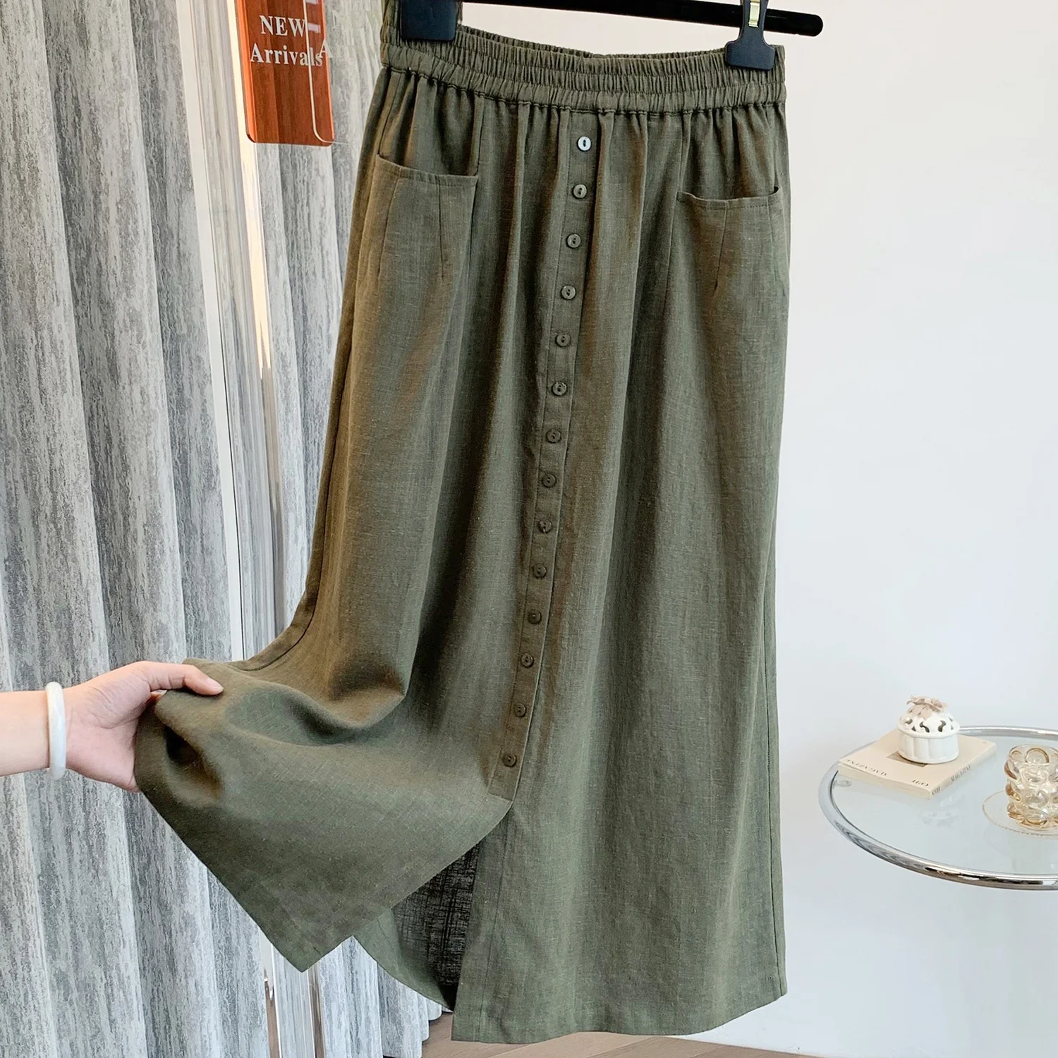 High Waist A-Line Midi Skirt for Women Cotton Linen Split Summer Vintage Simple Original Design Single Button Korean Style