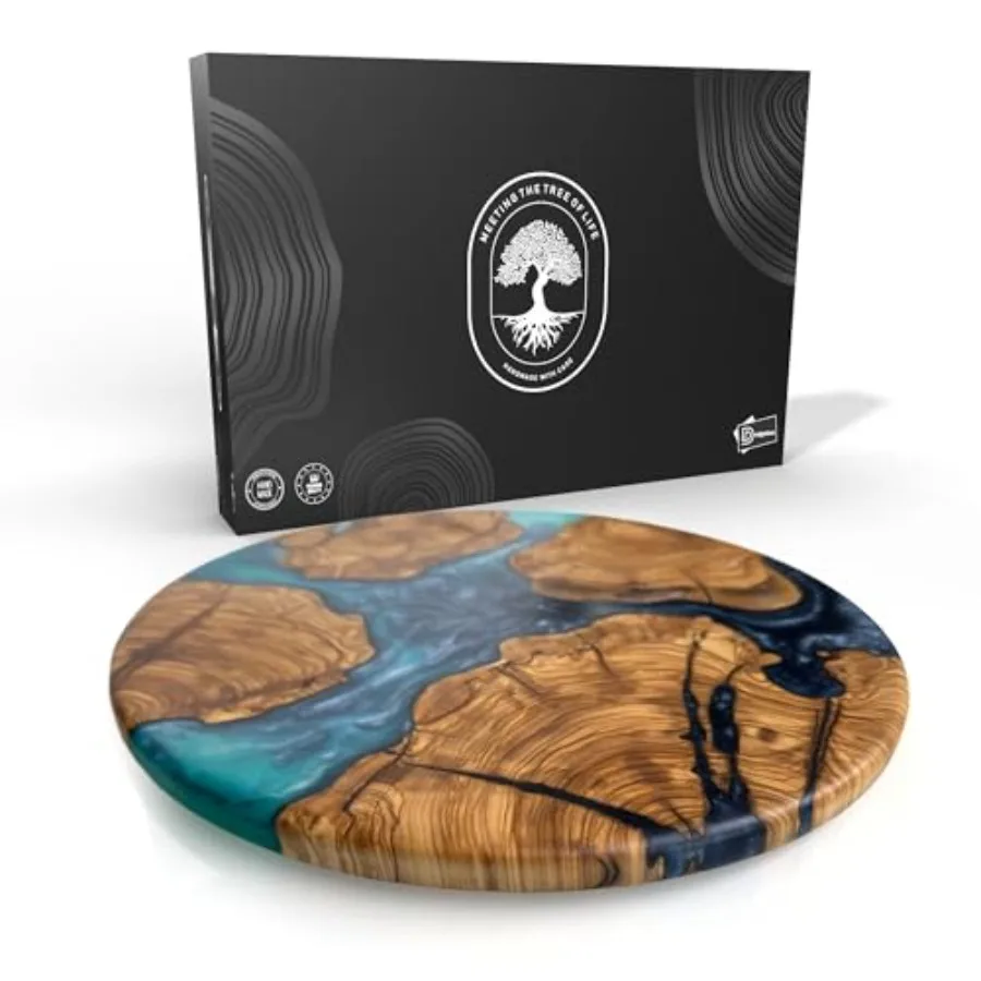 Tabla Redonda de Madera de Olivo Hecha a Mano con Resina para Quesos y Charcutería, Tabla de Cortar Circular Decorativa con Arte Único en Resina Azul