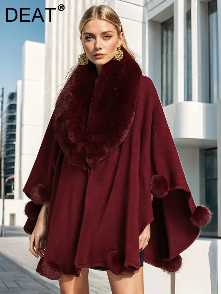 DEAT Fashion Imitation Otter Rabbit Fur Collar Shawl Womne's Loose Wine Red Black Thick Cloak Winter 2024 New Tide 7AB6354