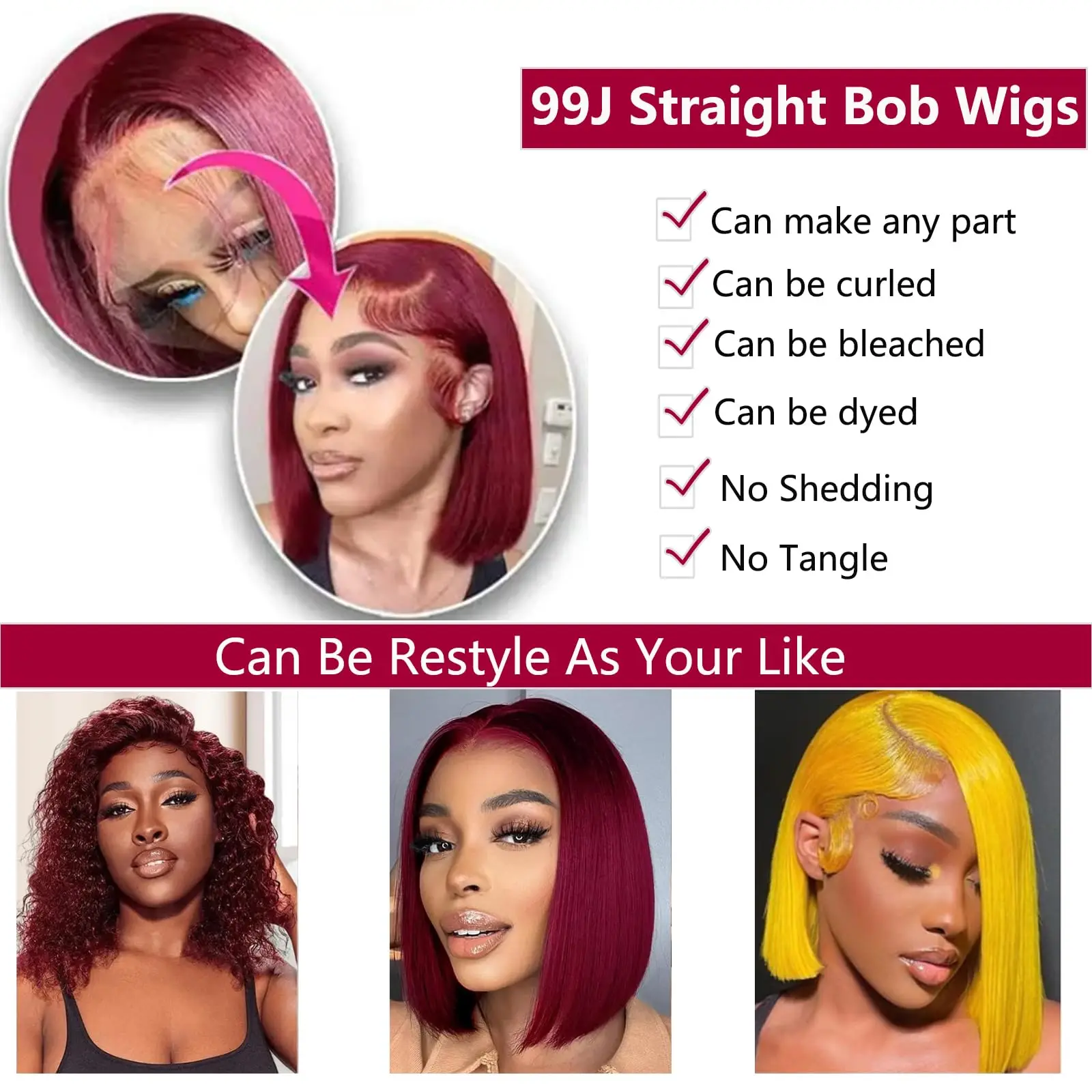 99J Burgundy Colored 200 Density Straight Short Bob Wig 13x4 HD Full Lace Front Human Hair Wigs For Women 8-14 Inch Remy Hair