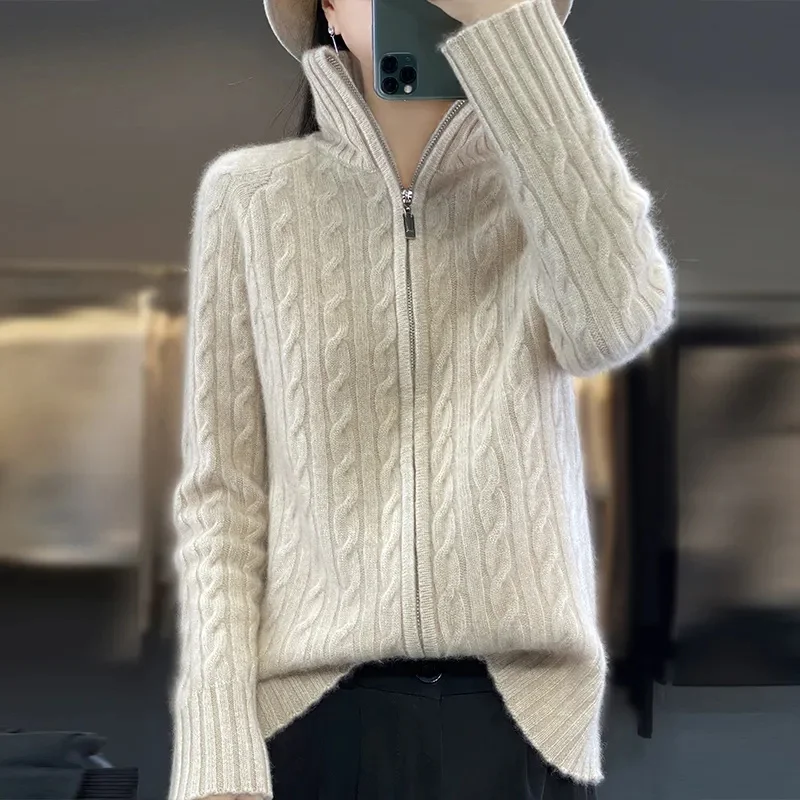 

Autumn Zipper Cardigan Women Sweaters Knitted Long Sleeve Stand-up Collar Tops Korean Fashion Short Sweater for Female