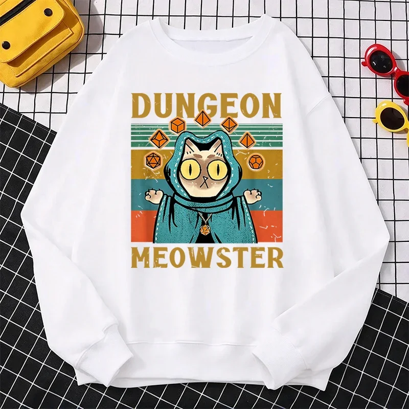 Dungeon Meowster Crew Neck Pullover Fall Winter Men Women Fashion Casual Hoodies Long Sleeve Fleece Vintage Loose Sweatshirts