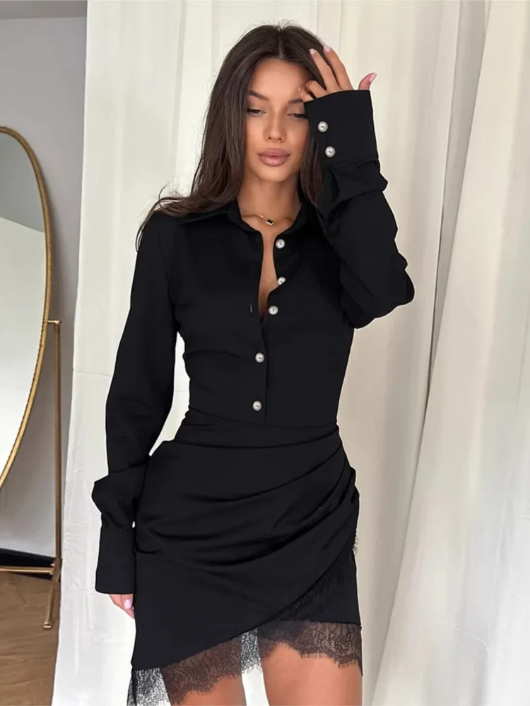 

Dresses For Woman Package Hip Sexy Slim Lace Long-sleeved Evening Dress Solid Color Bodycon vestidos Elegant Temperament Trendy