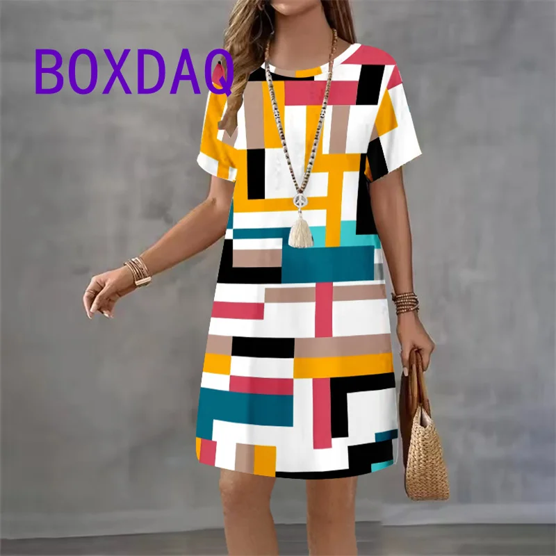 

Colorful Geometric Printing Women Fashion Dress Summer Short Sleeve O-Neck Loose A-Line Dress Street Female Large Size Sundress