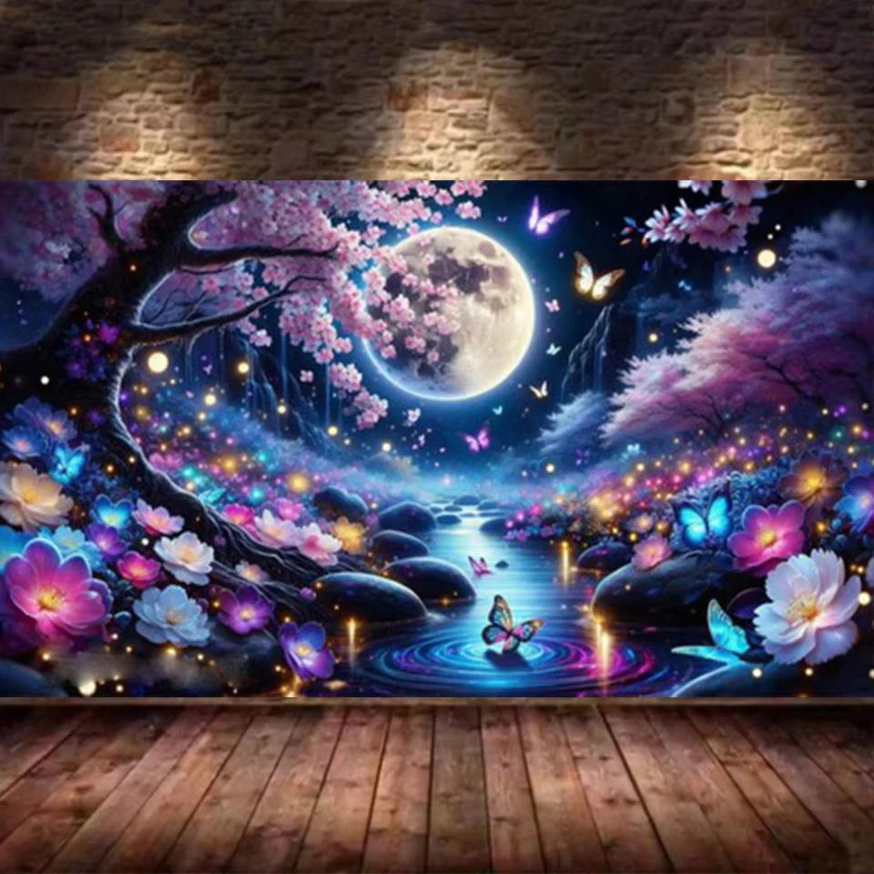 

5D Diamond Painting Cherry Blossom Moon Butterfly Landscape Full Diamond Rhinotone Mosaic Image Embroidery Decoration