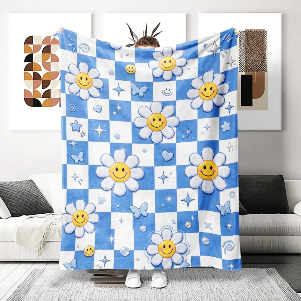 Blue Checker Smiley Daisies Cute Flannel Fleece Throw Blanket Soft Plush Bed Couch Cover Perfect Gift for Women Girls Kids