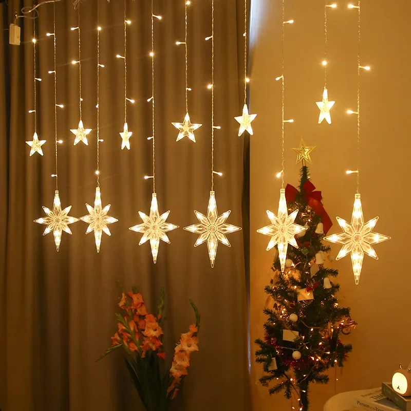 

2.5M 220V EU LED North Star Curtain Light Christmas Garland String Fairy Lights Outdoor For Window Wedding Party New Year Decor