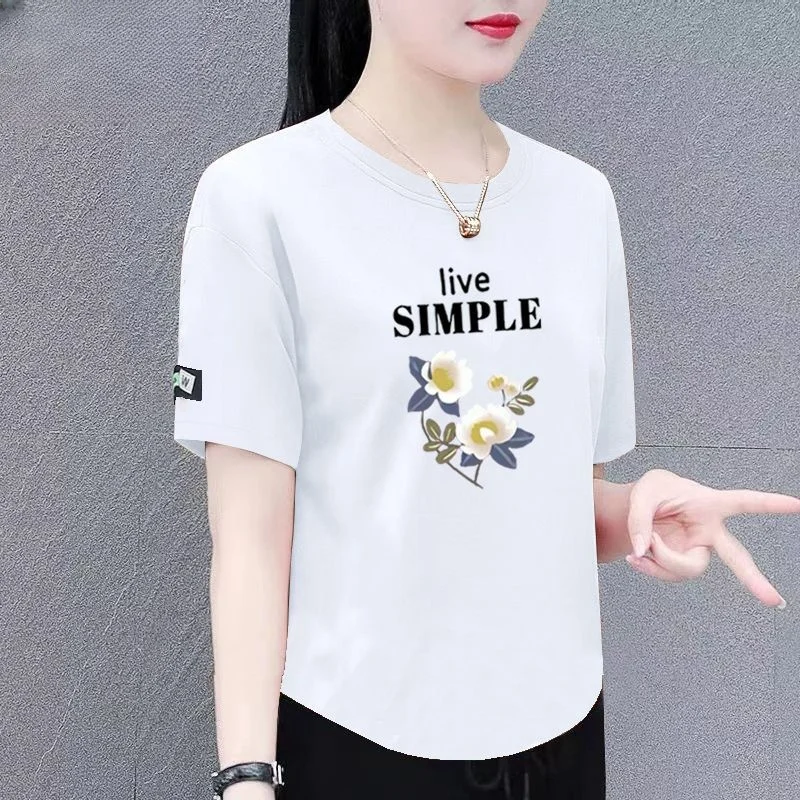 Summer New Women's Loose Fit Short Sleeve T-Shirt Shoulder Width Regular Polyester Fiber round Neck Print Casual Top