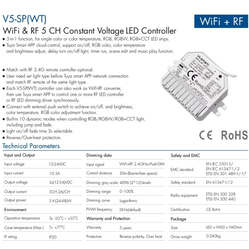

Tuya WIFI LED Controller Moudle DC12V-24V 5CHx2A 5050 COB 2835 5in1 LED Strip Dimmer Touch Switch Tuya Smart Life