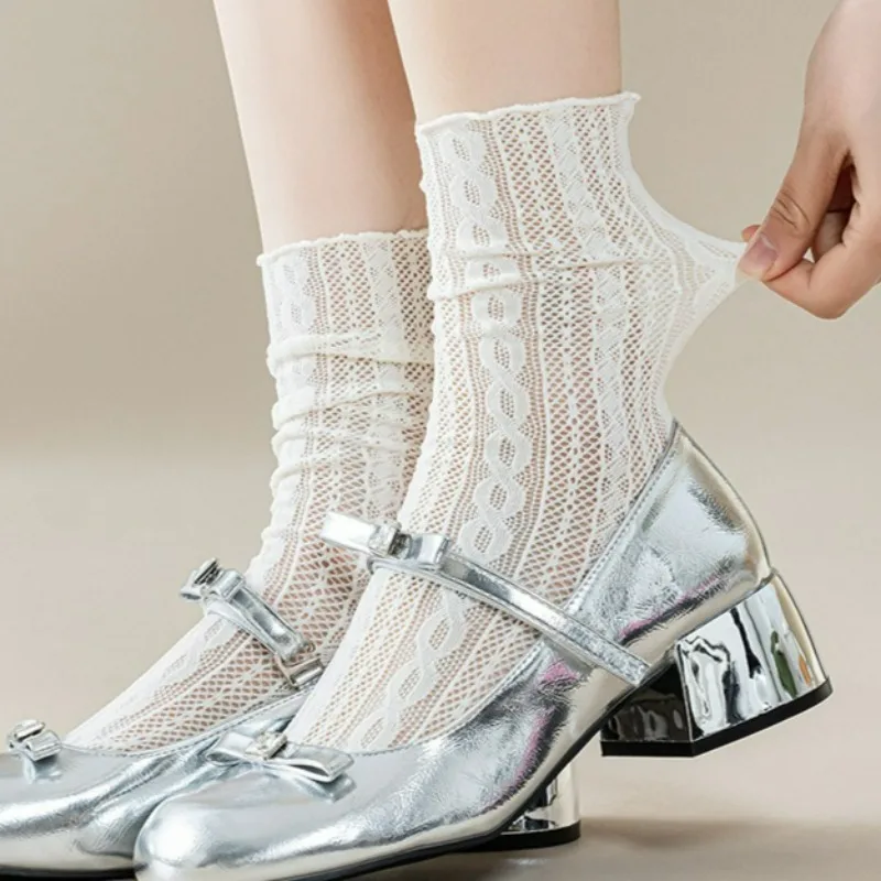 Socks for Women Thin Summer New White Black Hollow Out Loose Socks Women's Casual Basic Sweet Girls Fashion Long Socks Comfort