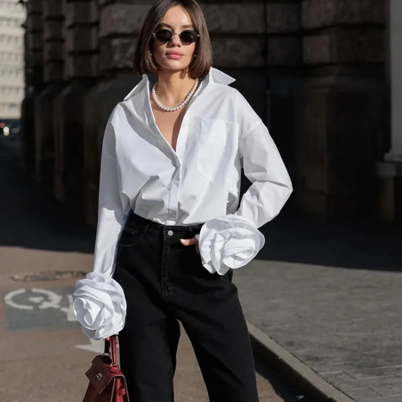 Talenza White Women's Blouses Fashion Floral Patchwork Lapel Office Lady Cardigan Tops Casual Summer Female Long Sleeve Shirt