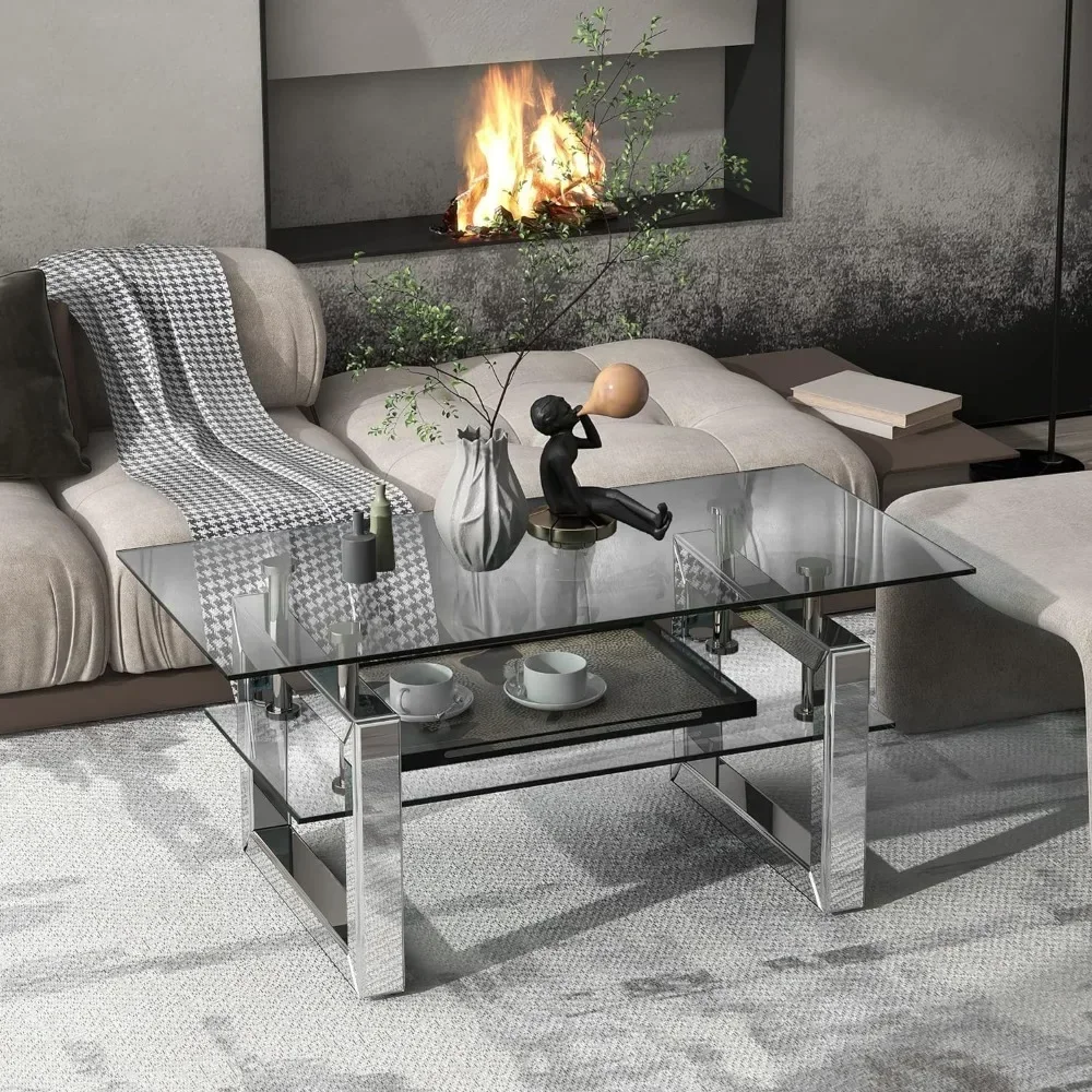 

Glass Coffee Table, Modern Coffee Tables with Lower Shelf and Mirrored Legs for Living Room, Home Office, Coffee Table