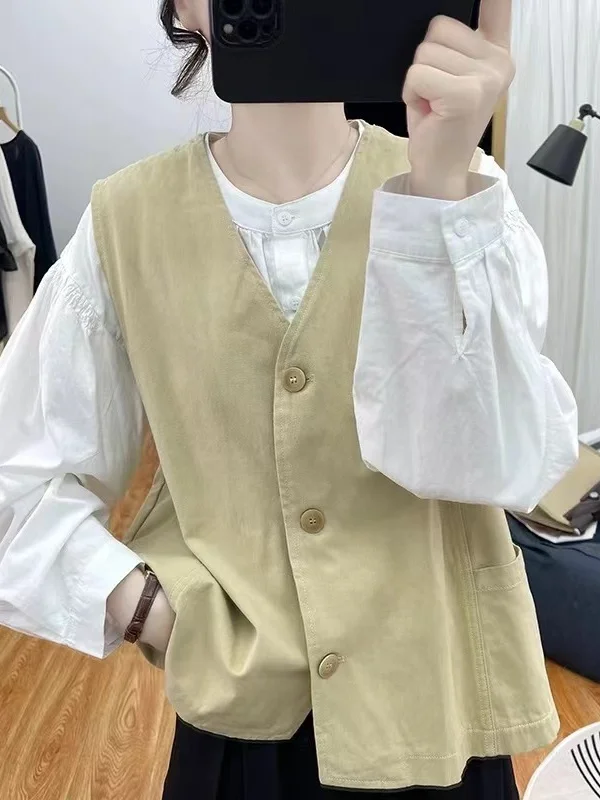 Loose Fit Pure Cotton Vest Women's Spring Fashion V-Neck Sleeveless Jacket Outerwear Casual Versatile Style Single Button Clo...