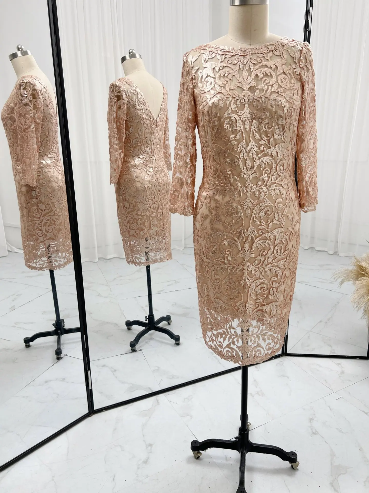 Rose Golden Elegant Long Sleeve Mid -Length Slim Night Dress M1543