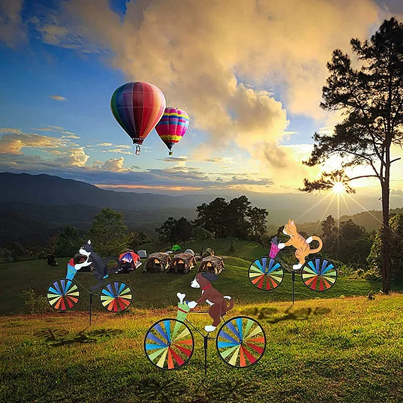 Funny Animal Bike Wind Spinner 3D Color Cat Puppy Windmill Outdoor Garden Decoration Home Yard Art Decoration Gift 2022