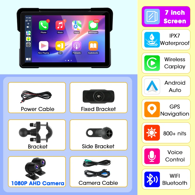5/7 inch IPX7 waterdichte motorfiets draagbare navigatie GPS motobike draadloze Carplay Android Auto Moto schermmonitor