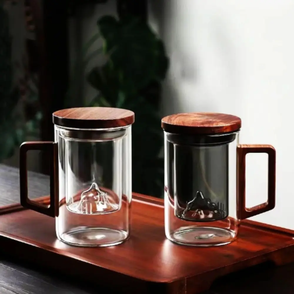 

500ml Capacity Tea Separation Cup High Borosilicate Glass Heat Resistant Water Cup Wooden Lid Originality Design Glass Tea Cup