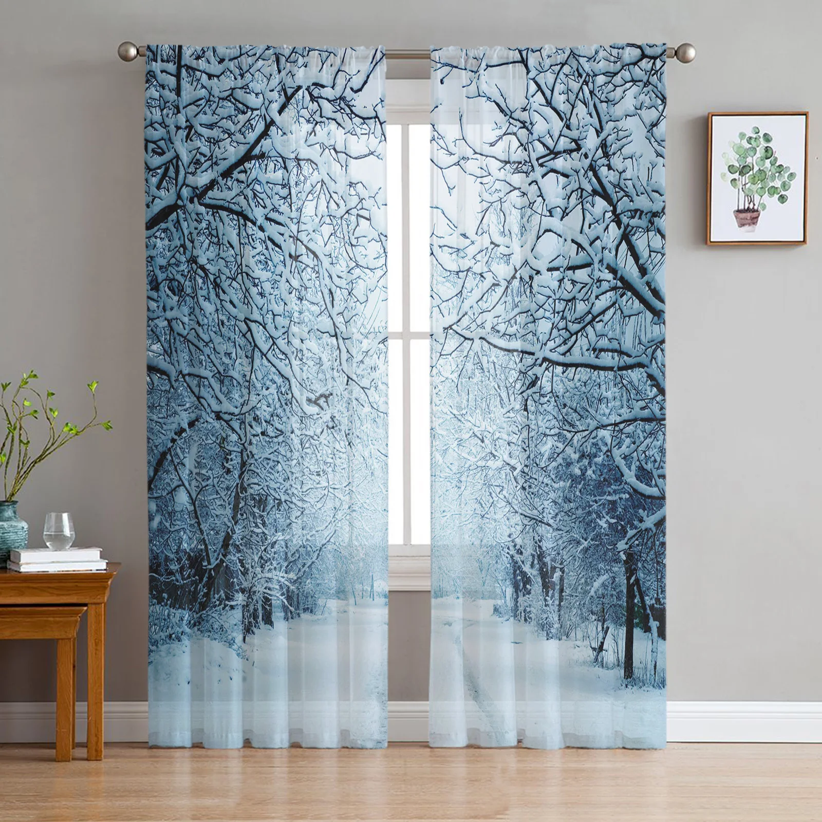 Winter Forest Birch Trees Snow Sheer Curtains for Living Room Decoration Window Curtains Kitchen Tulle Voile Organza Curtains