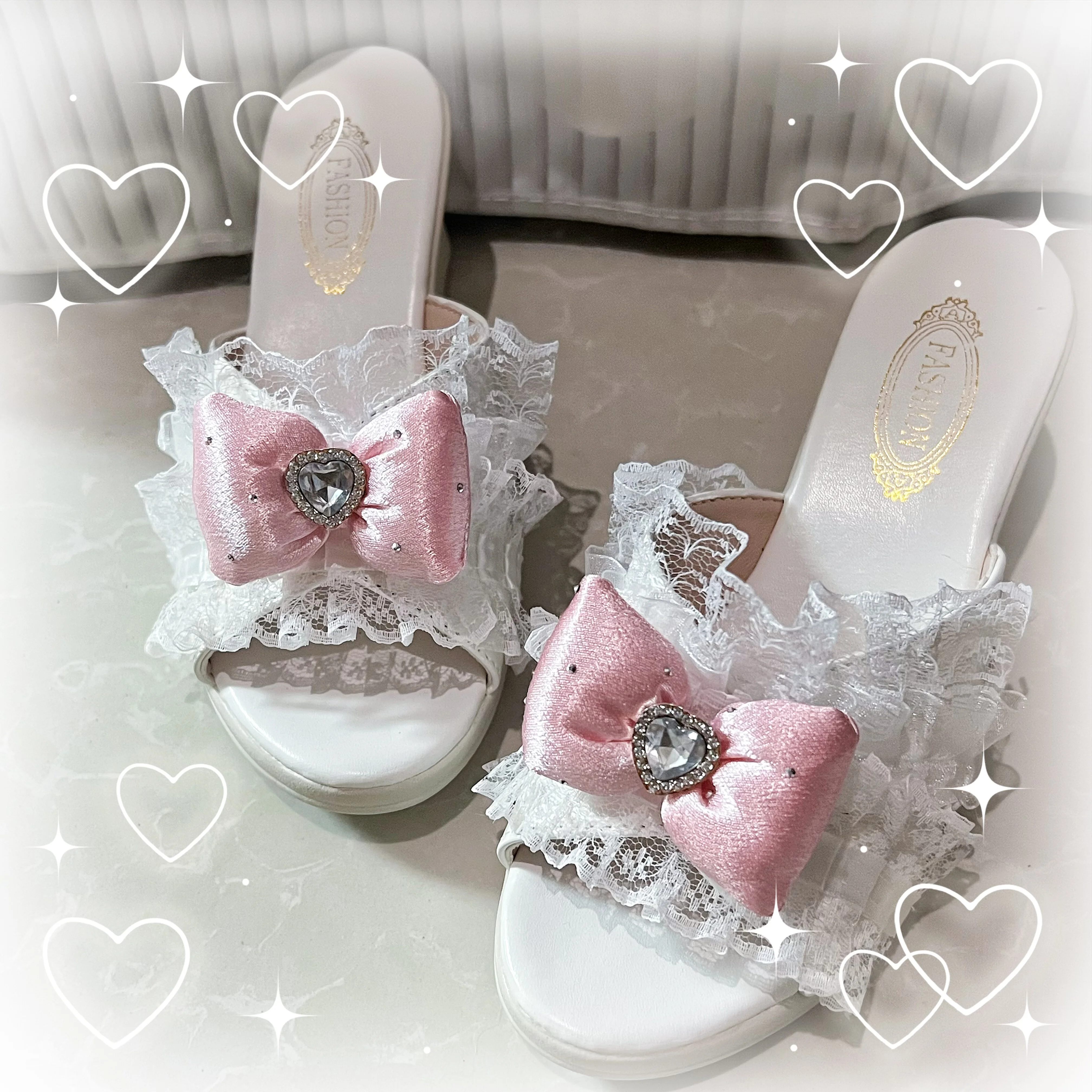 Japanese mass produced lace bow rhinestone sweet cute lolita high heels summer slippers temperament kawaii shoes slippers women image 3