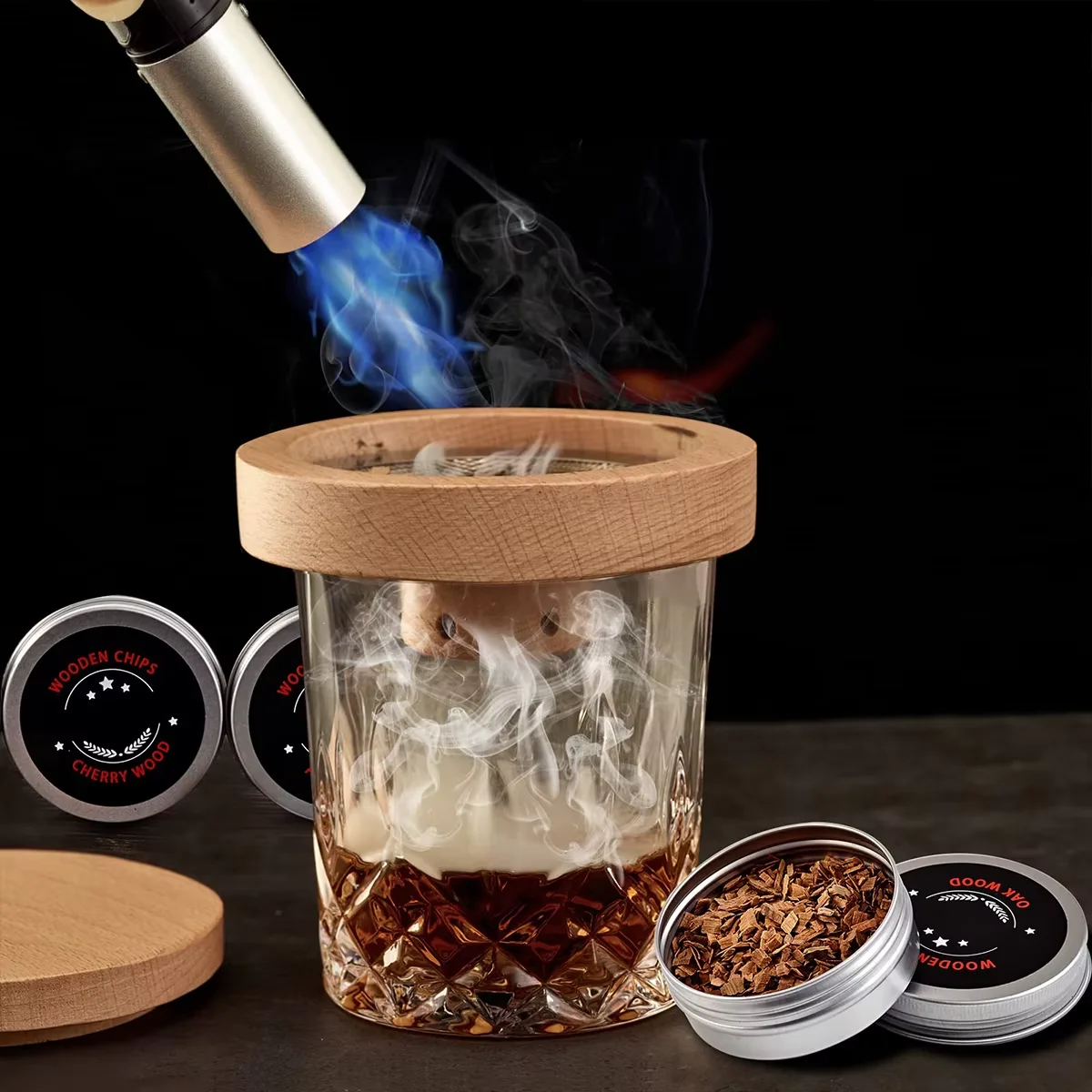 NEW Cocktail Smoker Set Bar Wooden Smoked Wood Hood Whiskey Smoking Wood Chips Box Cocktails Infuser Kit Kitchen Accessories