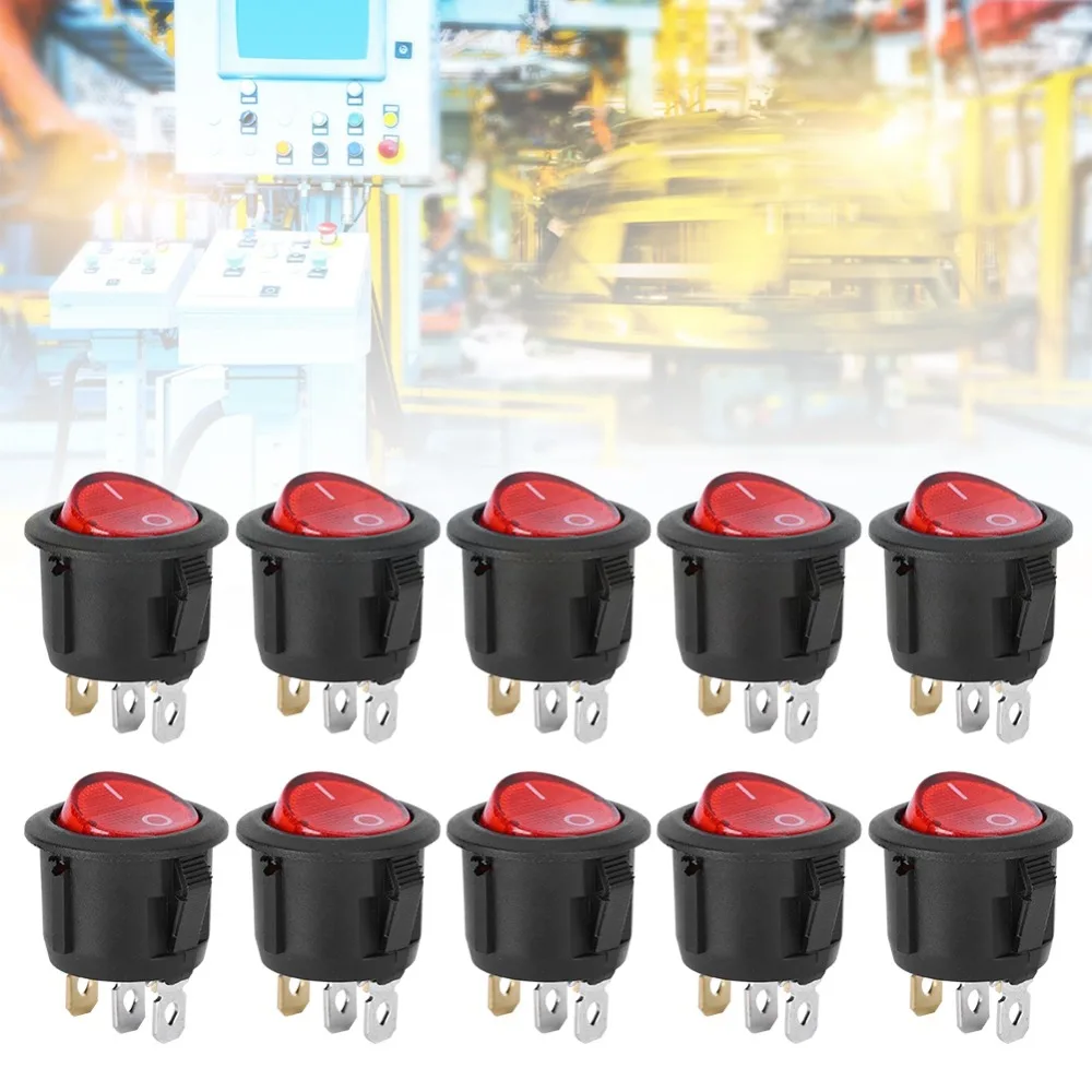 10 PCS KCD1 Round Rocker Switch Red Light 6A 250V /10A 125V AC 3 Pin 2 Position ON/Off Snap-in SPST Mini Circle Toggle Switches