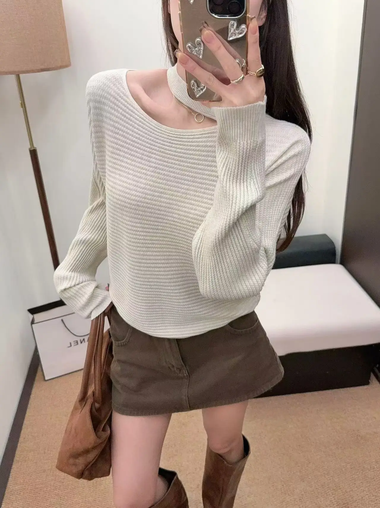 Women Off Shoulder Knit Sweater With Halter Strap, Batwing Long Sleeve Ribbed Knit Top Loose Casual Fall Pullover Shirts