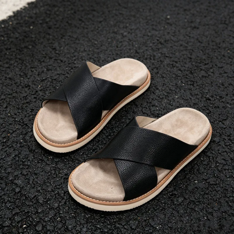 Men's Spring New Product [Old Money Wind] One-word Drag Retro Fashion Casual Cool Slippers Genuine Leather High Quality Sandals