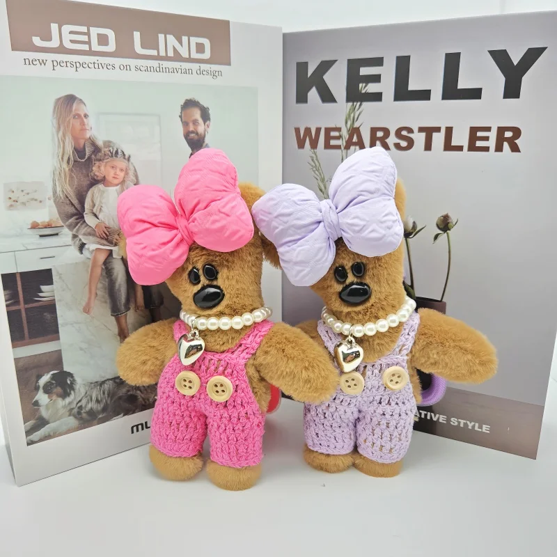 Cute Tilted Head Bear Plush Keychain Kawaii Bean Bear Doll Backpack Bag Charm Stuffed Animal Keyring Gift for Girls Women Couple