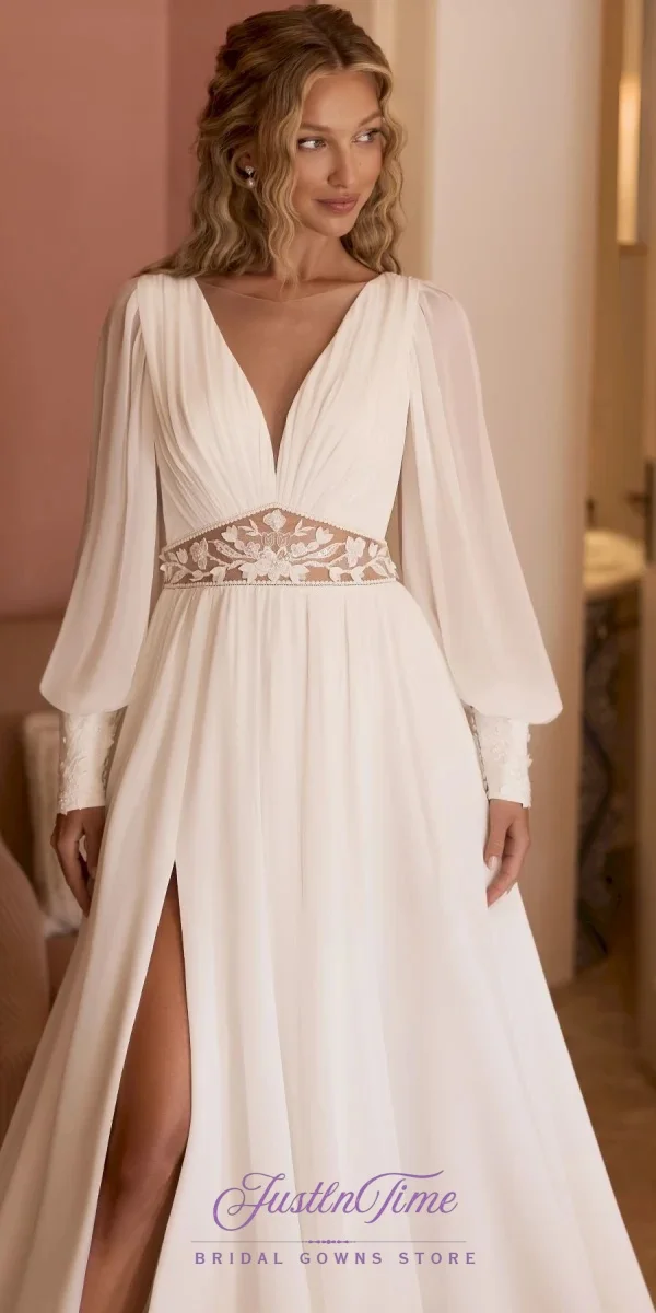 JUSTLNTIME Boho V-Neck Long Lantern Sleeve A-Line Wedding Dress High Side Slit Cut Out Lace 2026 Customized Vestido De Novia