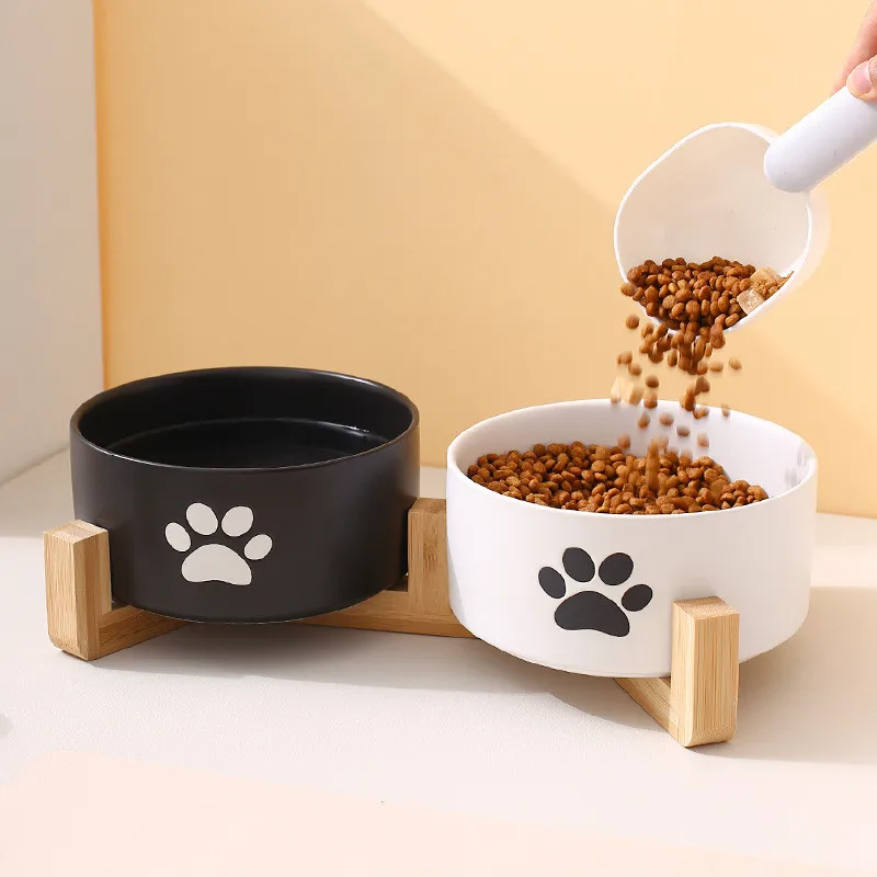 

Ceramic Pet Feeding Bowl with Wooden Stand Single and Double Bowls Feeder for Dog Cat Cervical Spine Protection Pet Dishes