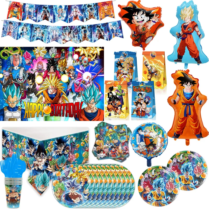 Dragon Ball Ballons Happy Birthday Banner Goku Vegeta Balloons Party Decorations Cup Plate Disposable Tableware Cake Topper Toys