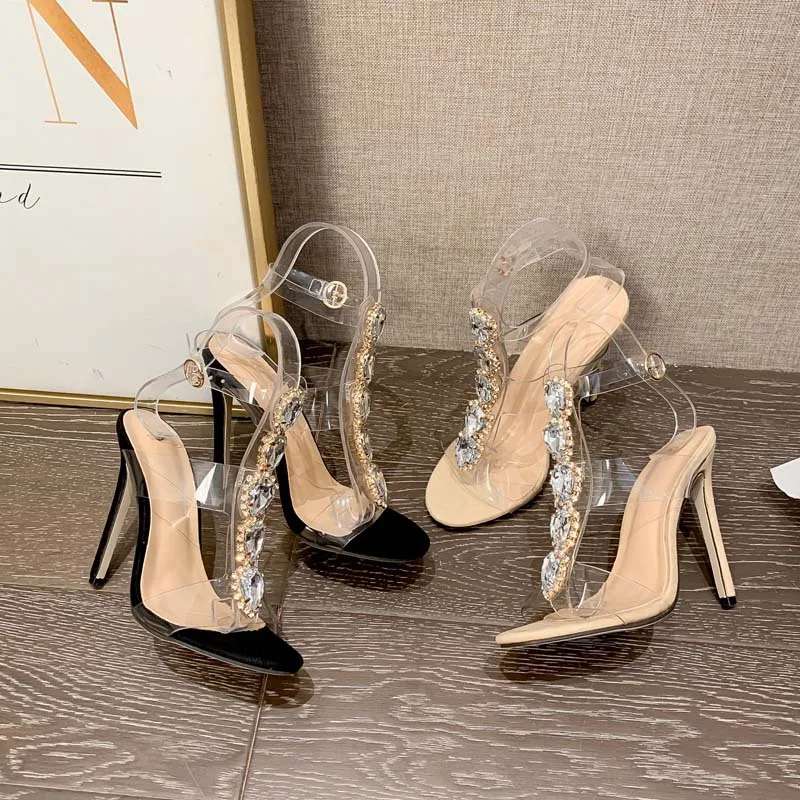 2022 Sweet Style Rhinestone Decoration Pointed Toe Thin High Heel Women Luxury Party Shoe Fashion PVC Ankle Buckle Strap Sandals