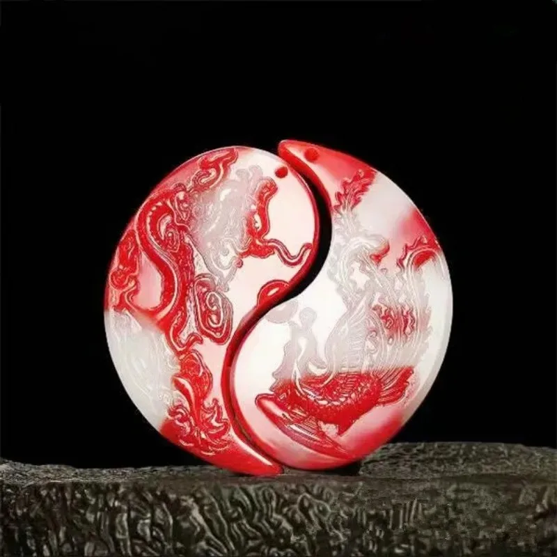 

Natural Colorful Jade Hand-carved Chicken Blood Color Dragon and Phoenix Pendant Fashion Boutique Jewelry Couple Necklace Gift