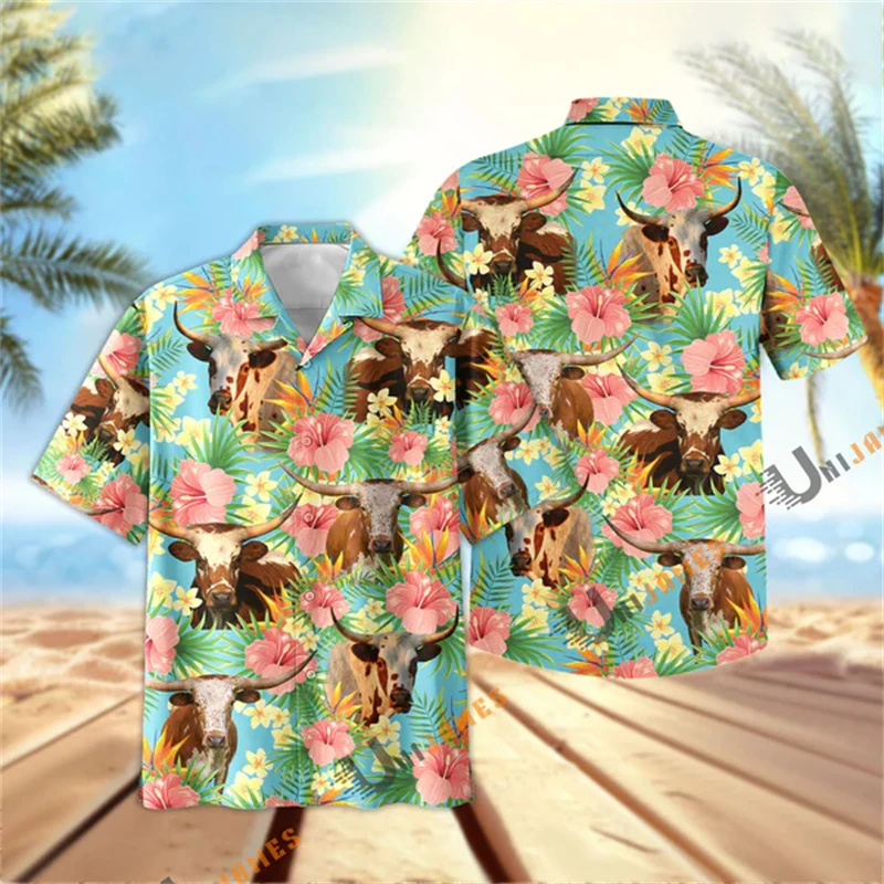 Unique Farm Flower Black Angus Cow Shirts Mens 3D Animal Print Beach Shirt Casual Tropical Hawaiian Button Short Sleeve Blouse