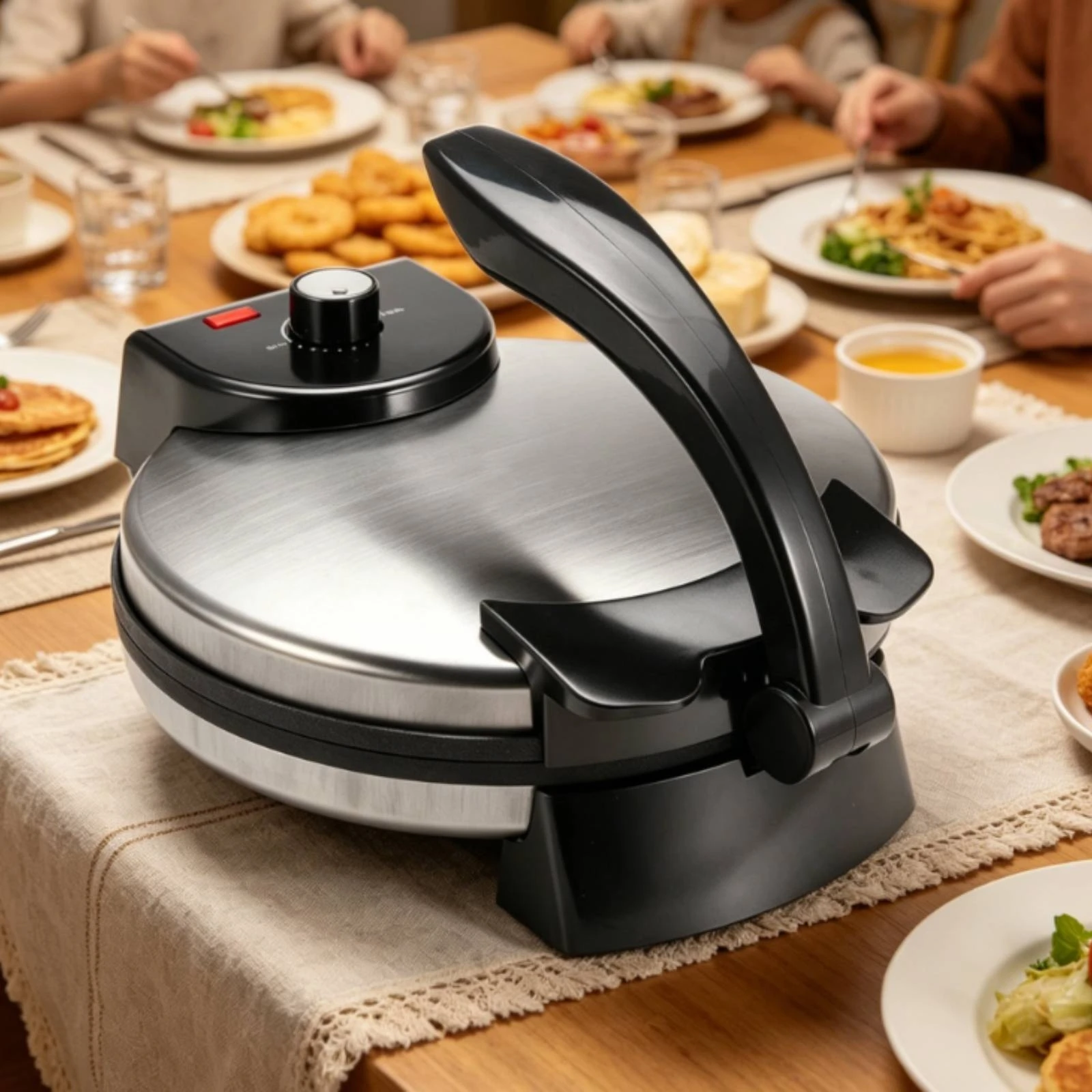 Clamshell Crepe Maker 1200W Electric Crepe Maker Electric Pancake Griddle Locking Handle Cooking Appliance Stainless Steel