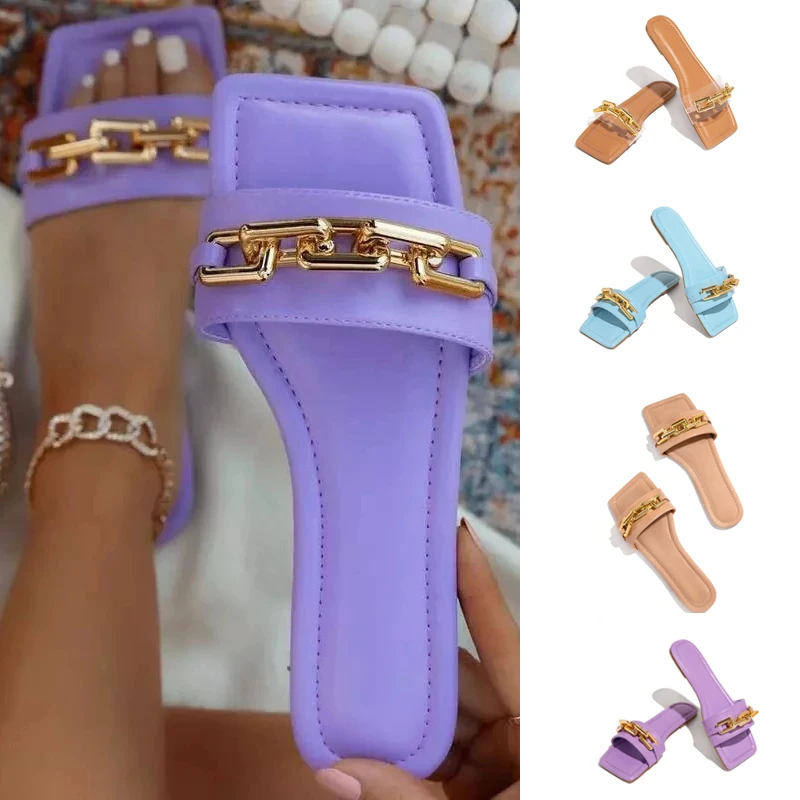 

Square head solid women's sandals flats plus size chain decoration women's slippers flip flops women sports slingback slippers