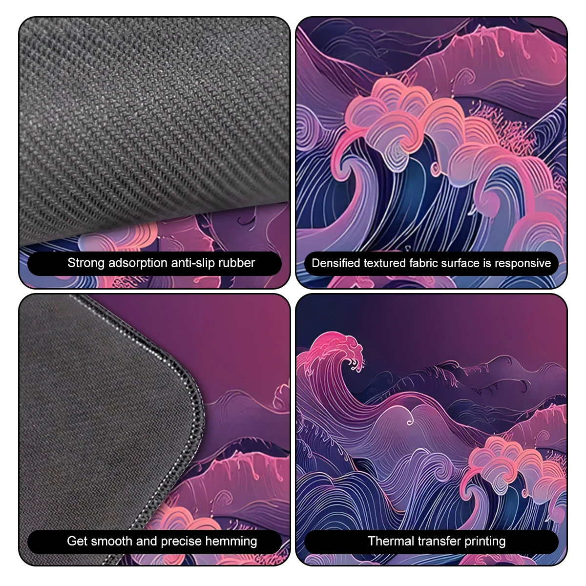 판타지 핑크-퍼플 오션 웨이브 마우스 패드 멀티 사이즈 세탁 가능 미끄럼 방지 스티치 엣지 컴퓨터 키보드 데스크 매트 게임용 사무실용