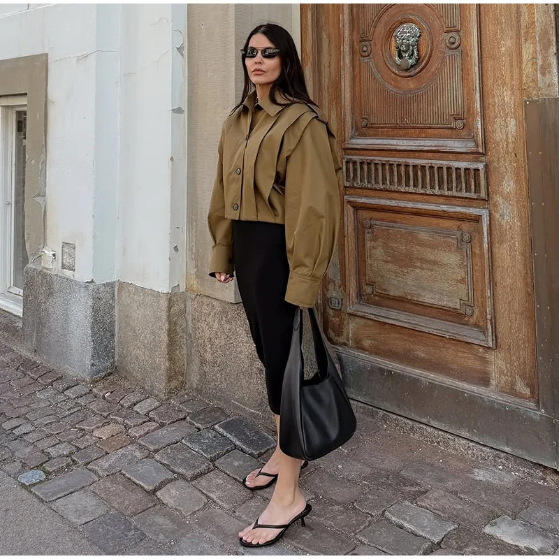 Revers-Langarm-Plissee-Kurzmäntel für Damen, Street-Style, mit Umlegekragen, Epauletten, einreihige Jacken, schicke Damen-Oberbekleidung, neu – Detail 15