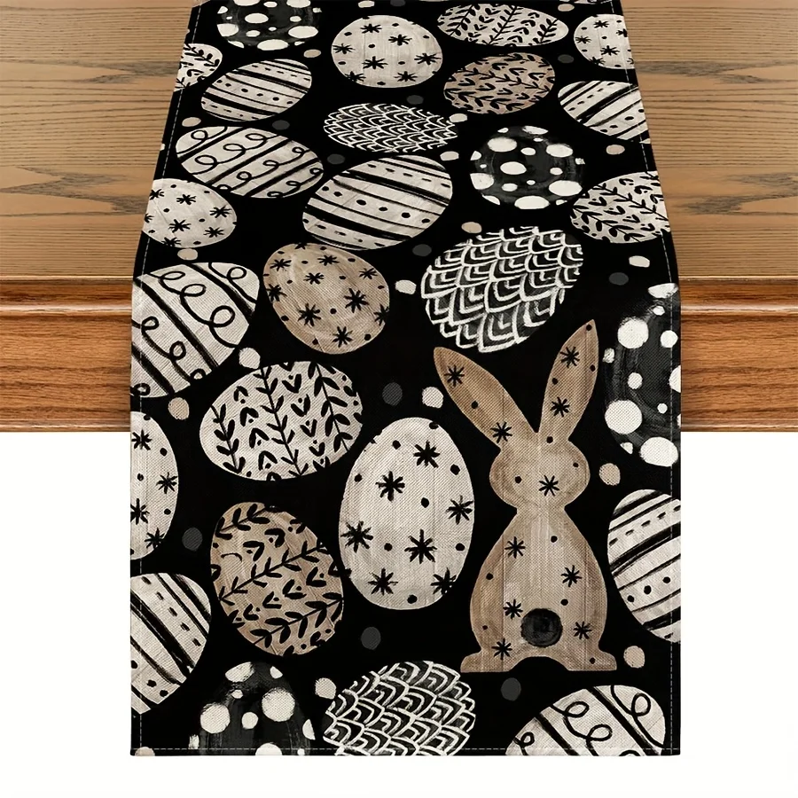 Osterhase und Ei-Tischläufer mit Blumenmuster – schwarz-weißes goldenes Leinen für die Dekoration von Frühling, Zuhause, Party, Esszimmer