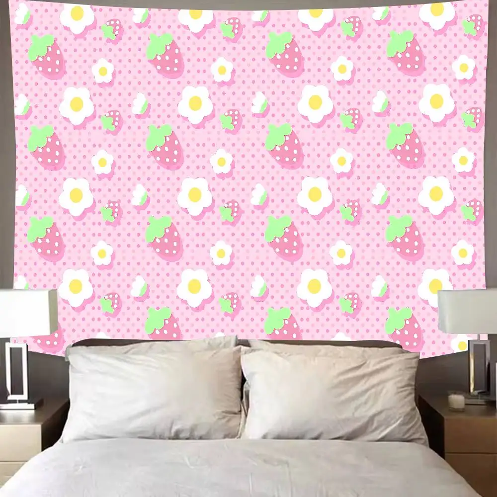 Cute Pink Strawberry Floral Tapestry, Sweet Ditsy Daisy Flower Polka Dot Wall Hanging, Pastel Kawaii Fruit Pattern Decor