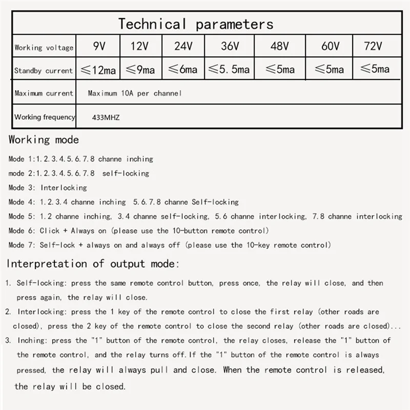 8 채널 무선 Rf 원격 제어 스위치 12V/24V/36V 433Mhz 원격 연속 무선 원격 모터 제어 스위치 DC9V-72V-A74Z