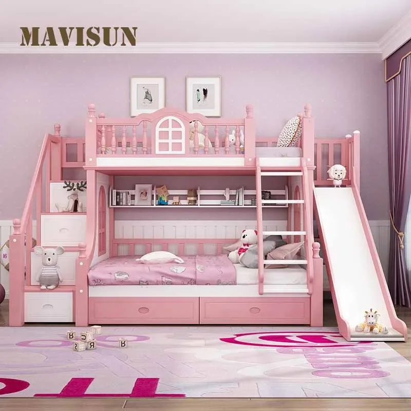 Litera de madera maciza de estilo nórdico para niños, cama de princesa, muebles multifuncionales de diseño para dormitorio