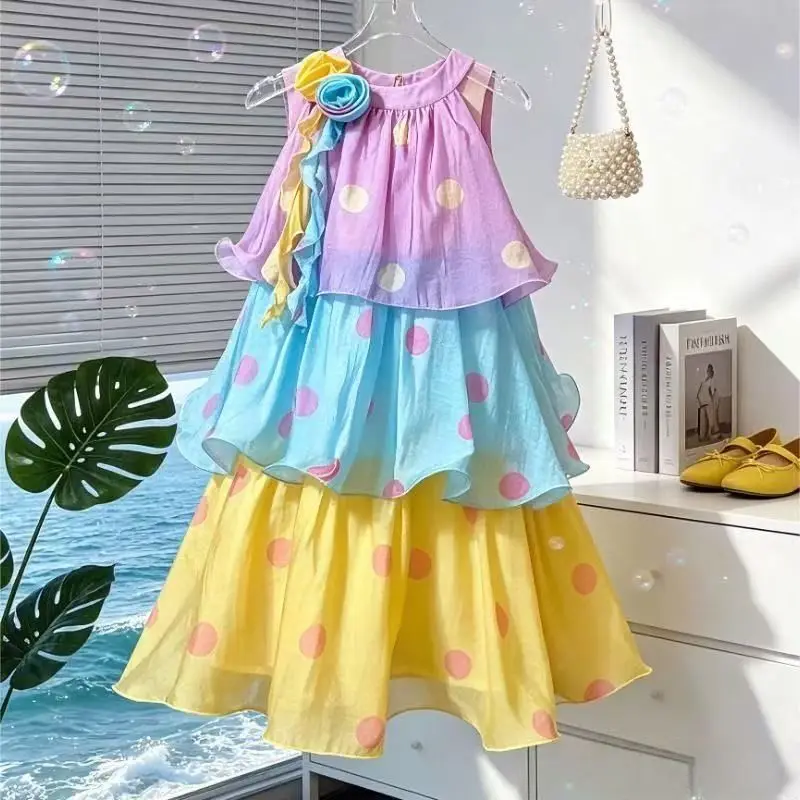Girls Dress Summer New Fashion Children Princess Polka Dot Tiered Tutu Dress Vacation Beach Party Kids Clothing