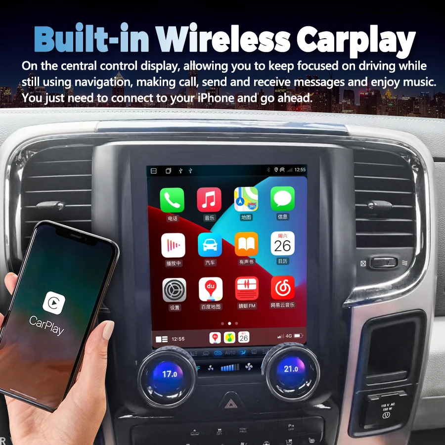 Android 13 Rádio do carro para Dodge Ram 1500 2500 3500 2013 2014 2015 2016 2017 2018, Tela Tesla, Carplay, Unidade de Cabeça Áudio GPS Estéreo