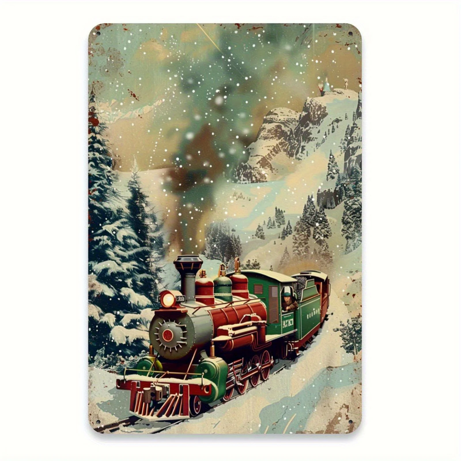 Vintage Christmas Metal Tin Sign - Antique Steam Train Winter Scene - Heavy-Duty Iron Retro Holiday Decor - es - for Home, Offic