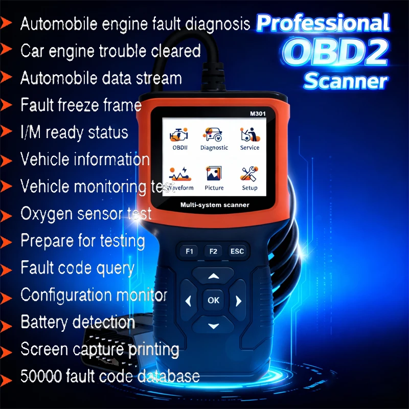 

M301 OBD2 Car Scanner Engine Fault Diagnosis Vehicle Information Reading Battery Detection and Other Functions- USB Powered