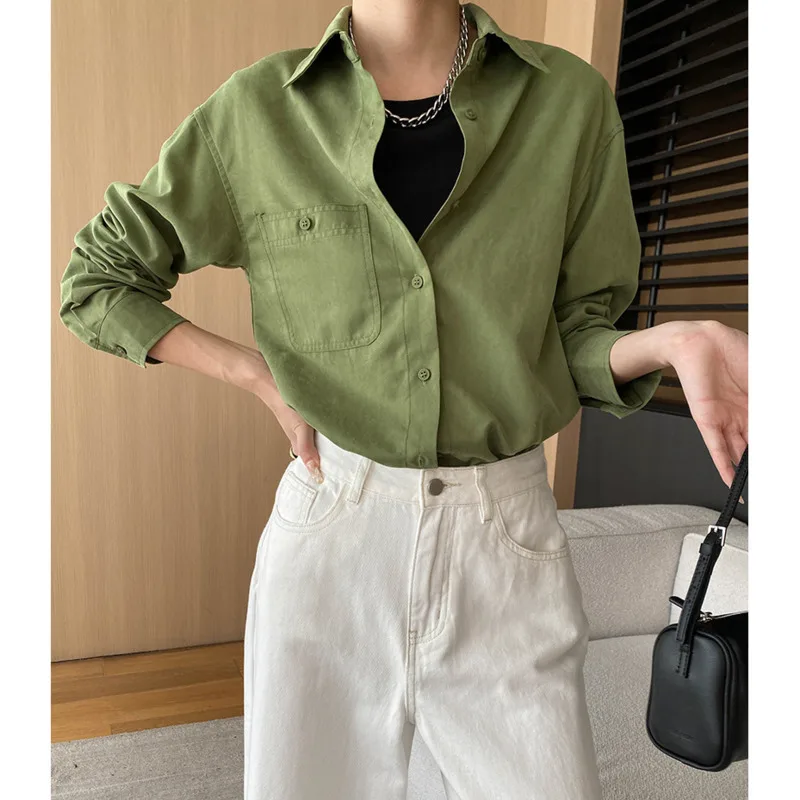 Autumn Vintage Lapel Collar Pocket Shirts Women Long Sleeve Single Breasted Loose Thick Casual Tops