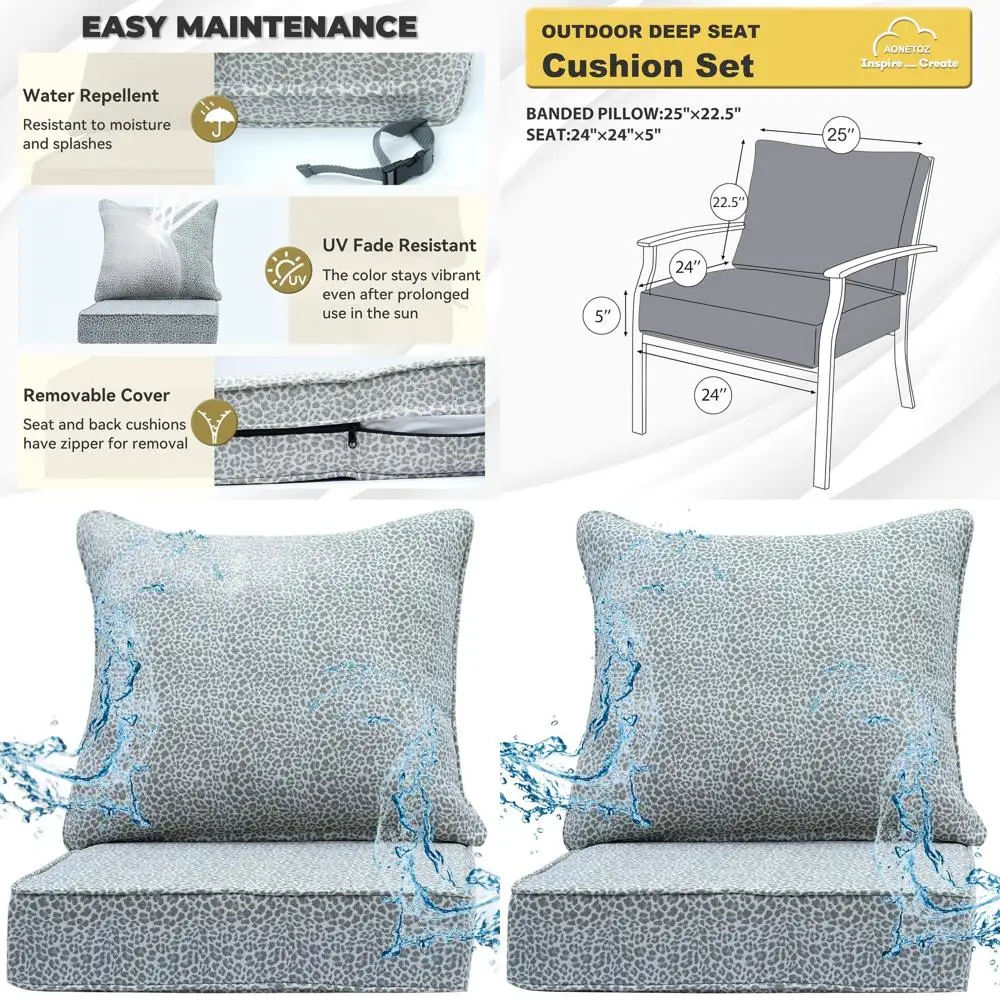 

24x24 Inch Outdoor Deep Seat Cushion Set, Olefin Fabric, Waterproof and Fade-Resistant, Removable Covers